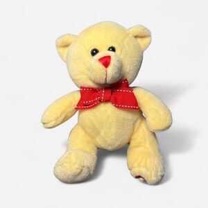 Small Cream Teddy Bear with Red Bow and Heart Embroidered Foot